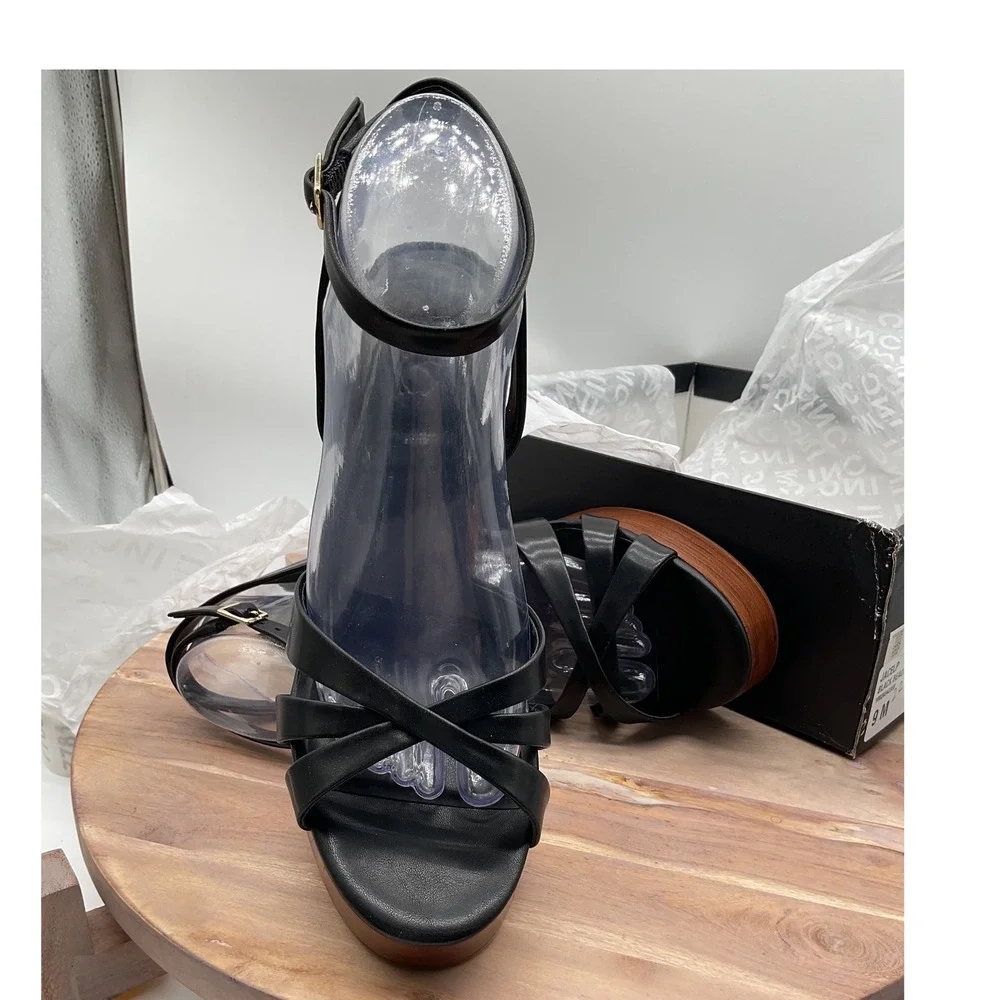 INC International Concepts Jacee Black Wood Grain Platform Sandals Womens‎ 9M